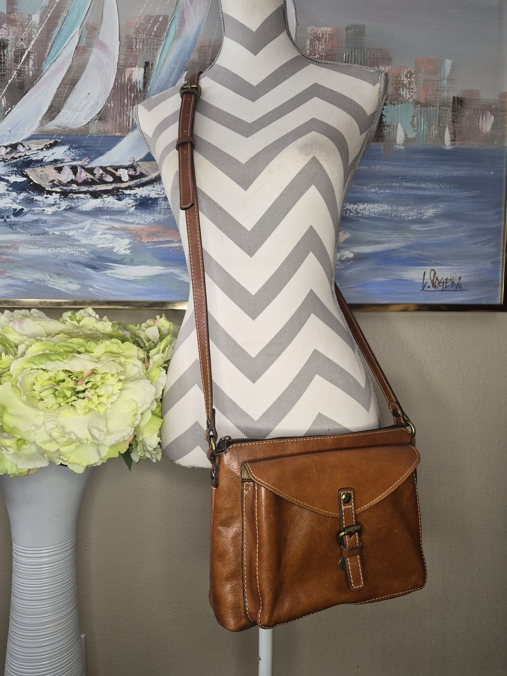 Patricia Nash Cognac Brown Leather Messenger Crossbody